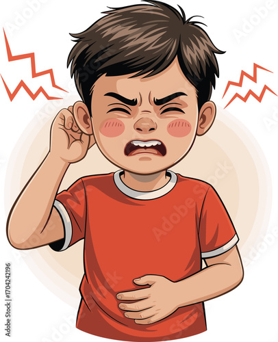 Cartoon boy in pain, holding ear and stomach, suffering discomfort, red shirt, headache, illness, earache, child health problem