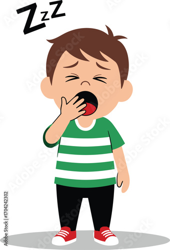 Cartoon boy yawning tired sleepy, standing with green striped shirt, red shoes, tired expression, sleepiness concept, child fatigue illustration