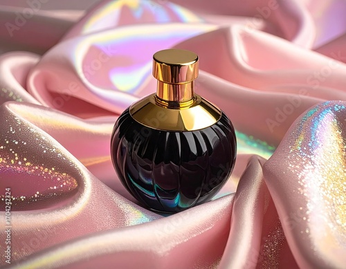Dark perfume bottle on a pink satin fabric