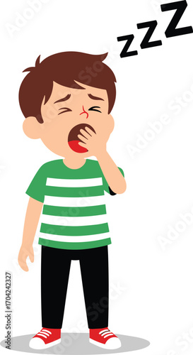 Cartoon boy yawning, sleepy child in striped shirt, tired kid illustration, bedtime concept, tired expression, cute yawning character