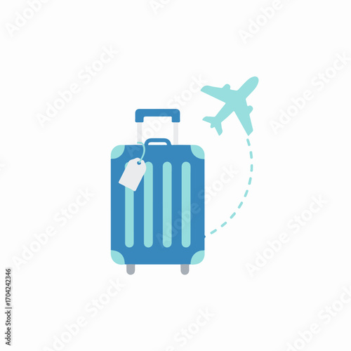 Flat vector travel suitcase icon with airplane symbol, clean 2D minimal style, isolated on white. Perfect for vacation, tourism, luggage, holiday, and journey concepts