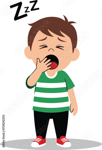 Cartoon boy yawning tired sleepy child with green striped shirt, red shoes, expressing fatigue and sleepiness, kid feeling bored and tired
