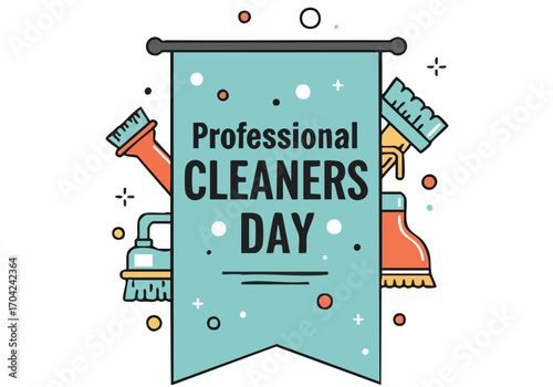 Celebrate Professional Cleaners Day! A vibrant banner design featuring cleaning tools and text. Modern, graphic style, ideal for promotional materials.