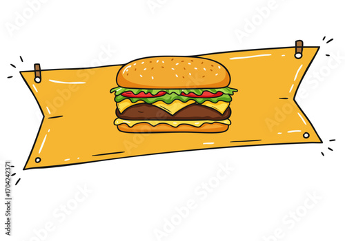 Bold Day Burger Sign illustration featuring a delicious burger on a bright yellow banner. Clean, modern design perfect for food marketing and promotions.