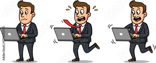 Cartoon businessman running with laptop, shocked and confused expression, office worker in suit working under pressure, urgent task concept illustration.