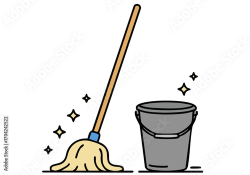clean modern illustration depicts a bucket and mop with a cleaning symbol Simple lines and a light blue background create a bright inviting visual Ideal for cleaning hygiene and domestic themes