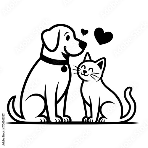 Black and White Illustration of a Dog and Cat, Showing Affection, with Hearts