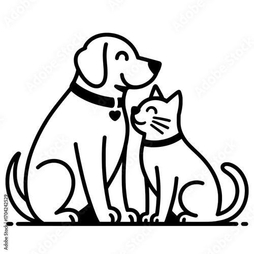 Friendly Dog and Cat Illustration: Black Outline Icons on White Background