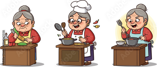 Cartoon elderly woman cooking in kitchen, grandma chef character with utensils, preparing meals, fun home kitchen food scene illustration