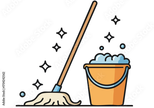 A clean, modern illustration depicts a mop, bucket, and cleaning symbol. Bright, stylized design with sparkling effects. Perfect for cleaning, hygiene, and home themes.