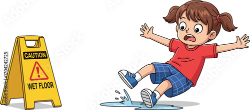 Cartoon girl slipping on water beside caution wet floor sign, safety hazard accident scene, child falling, indoor warning situation