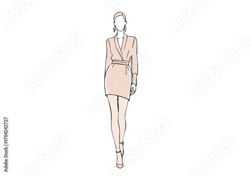 Elegant fashion illustration of a woman in a pink Catwalk dress, showcasing a chic, minimalist style. Perfect for fashion design, editorial, and commercial use.