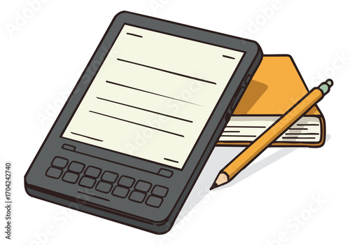e-reader rests beside books and pencil symbolizing knowledge and learning Clean modern illustration with a soft green background Perfect for educational or tech-related content