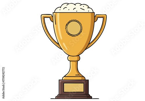 A golden trophy cup overflowing with beer sits atop a pedestal, labeled 'Trophy Brew Pride.' It?s a playful, celebratory design with a modern, flat illustration style.