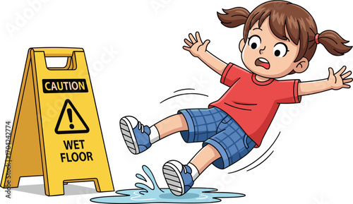 Cartoon girl slipping on wet floor with caution sign, safety hazard illustration, warning accident scene, indoor slip and fall accident