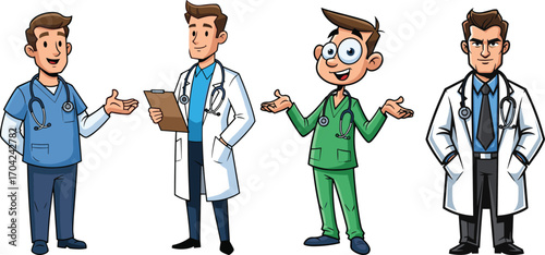 Cartoon male doctors and nurses, medical professionals in scrubs and lab coats, healthcare workers with stethoscopes, smiling, hospital staff illustration