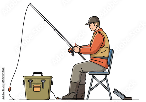A man fishes from a lake, using a fishing rod and reel. He?s wearing casual outdoor clothing and sitting on a chair with a tackle box. A serene outdoor scene.