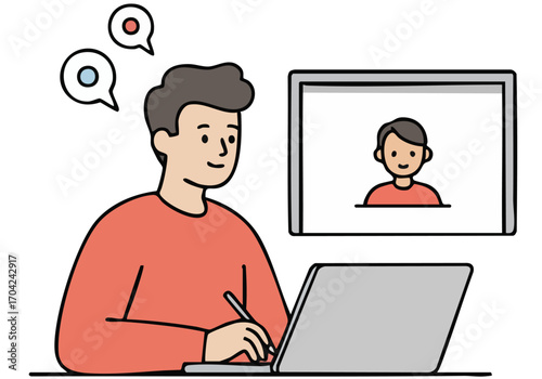 A man participates in an online class, engaging with a virtual instructor. Focused learning, digital connection, and clear communication are highlighted. Modern, clean design.
