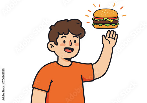 A smiling young man playfully holds a burger, radiating joy. Bright, cheerful illustration with a vibrant yellow background. Perfect for food marketing and lifestyle visuals.