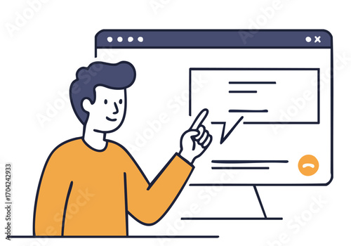 A young man teaches a virtual skill on a computer screen. He points to the screen with a friendly expression, conveying knowledge and digital learning. Modern, clean illustration.