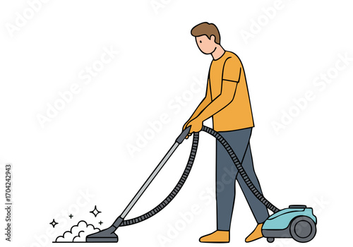 A man vacuums a room, showcasing clean care. Simple, modern illustration with a focus on cleanliness and domesticity. Suitable for lifestyle and cleaning product promotions.