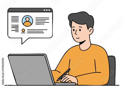 A young man focuses on an online class via laptop. He?s engaged, wearing casual attire, and appears attentive. Modern, clean design.