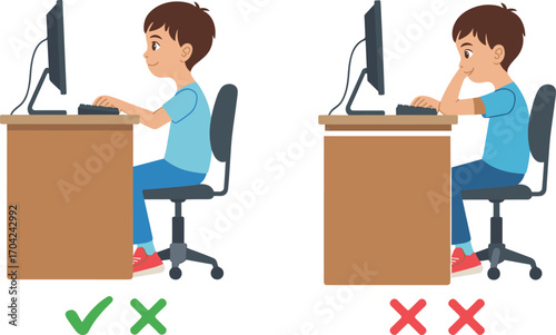 Correct and incorrect sitting posture at computer desk, ergonomic comparison, kid using desktop computer, healthy sitting habits illustration