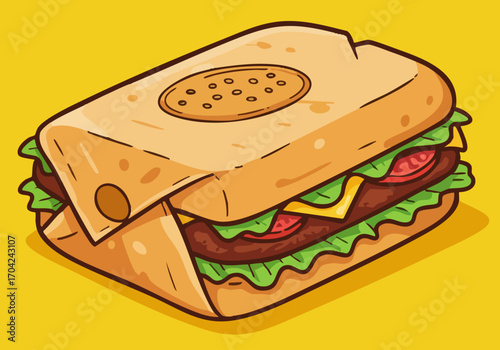 A playful illustration of a wrapped sandwich sign. Bold, bright colors and a clean, modern style make this vector graphic ideal for food marketing or design projects.