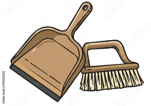 playful illustration featuring a dustpan and brush presented as cleaning aid Bold colors and a simple graphic style create a visually appealing and commercially viable image