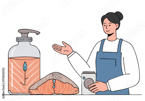 A professional woman demonstrates a salmon-based skincare product, showcasing its unique texture and application. Modern, clean illustration style.