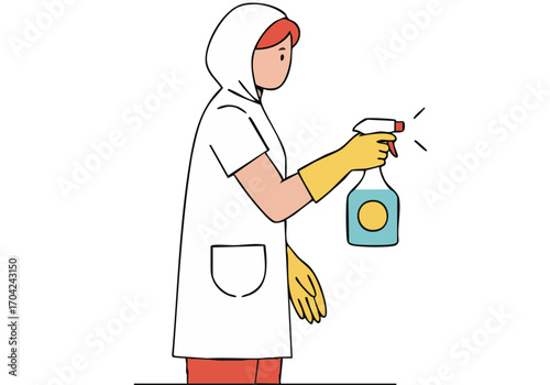 A professional cleaner sprays a surface with a cleaning product, creating a fresh and clean atmosphere. Modern illustration style.