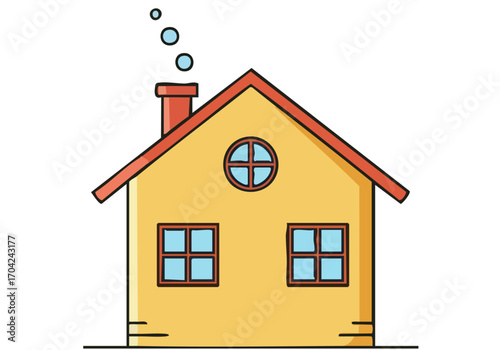 A simple, clean illustration of a yellow house with a red roof and chimney. Minimalist design, perfect for home, cleanliness, or lifestyle concepts.  Bright and inviting.