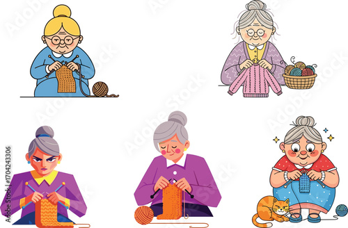 grandmother, knitting, yarn, crochet, cartoon, vector, wool, senior, hobby, cute, old, woman, thread, illustration, character, knitting granny, 