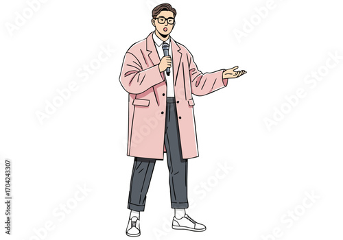 A stylish young man delivers a presentation, showcasing a pink coat and confident demeanor. Vibrant illustration style, perfect for modern branding and social media.