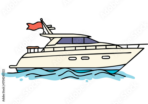 A stylized illustration of a luxury yacht sailing on the water. Clean lines, bright colors, and a simple design make it ideal for commercial use. A badge deal symbol is included.