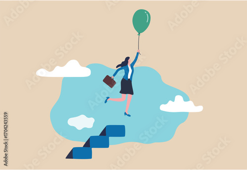 Woman leadership to overcome struggle, female power to break boundary or limitation, freedom and opportunity concept, success businesswoman flying with air balloon from top of ladder or stairway.