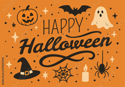 Happy Halloween text surrounded by spooky elements like pumpkin, bat, ghost, and witch hat. Background for holiday celebration.