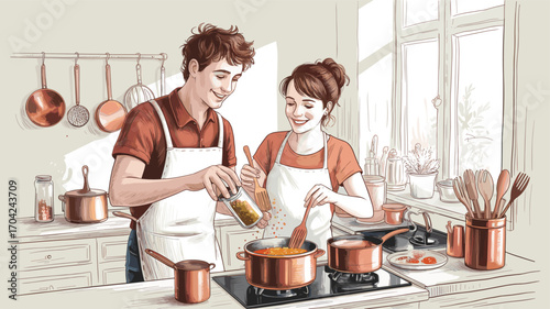 Happy couple cooking together in cozy kitchen, adding spices to food, teamwork, home meal preparation, warm atmosphere, culinary activity