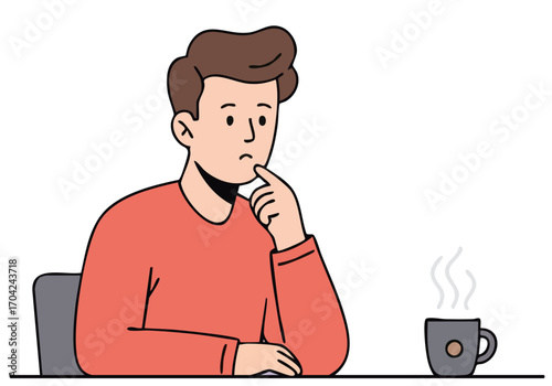 A thoughtful young man contemplates over a cup of coffee, suggesting a moment of seminar insight. Clean lines and a muted color palette create a modern, professional feel.
