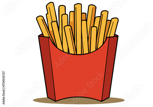 A vibrant illustration of a red box overflowing with golden french fries. Clean, modern style, perfect for food-related marketing and design. Simple composition, appealing visual.