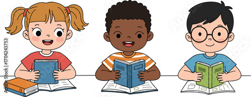 Happy diverse children reading books together, kids studying, multicultural group learning, elementary students with books, education, teamwork, smiling children learning