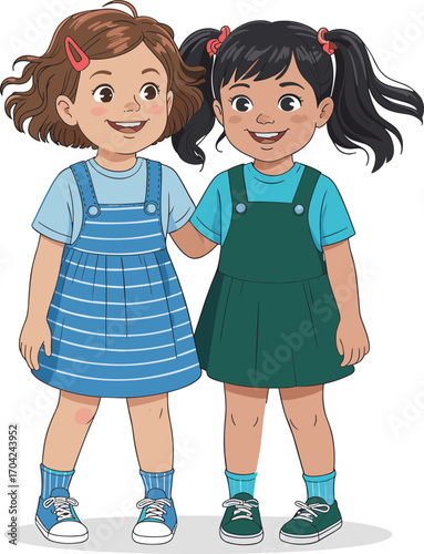 Two happy young girls standing together, smiling, wearing colorful dresses, friendship and childhood concept illustration, cartoon character design