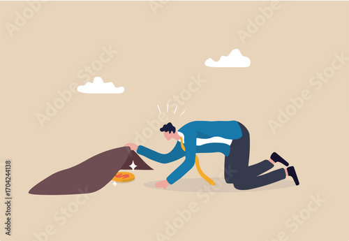 Finding bargain stock, hidden cost or expense, searching for yield or investment return concept, businessman successfully find golden dollar coin money under the carpet. 