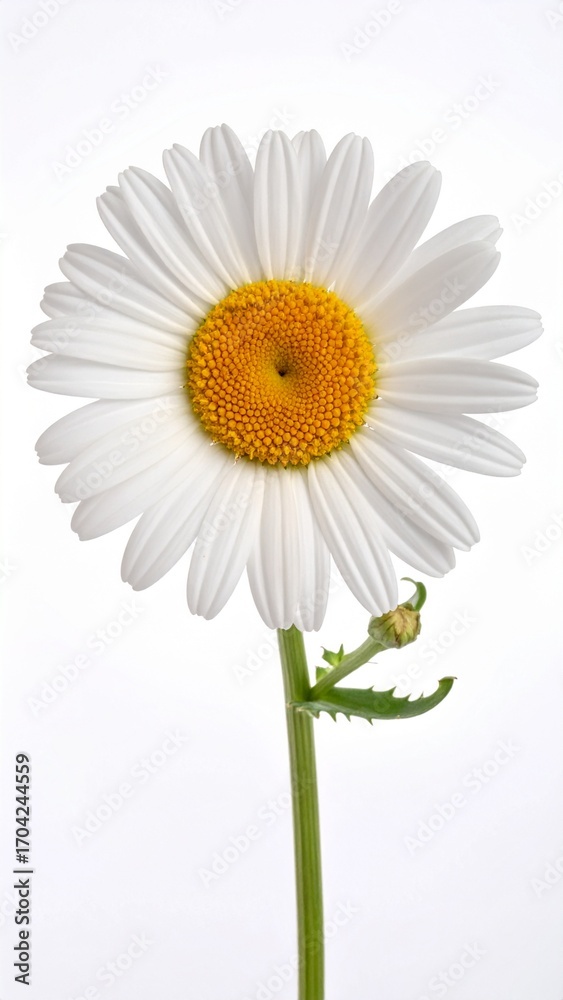 Fototapeta premium White Daisy Flower with Yellow Center and Fresh Petals Isolated on White Background for Botanical Object, Garden Blossom and Summer Floral Concept