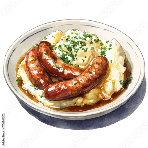 Bangers And Mash, watercolor illustration vector, isolated on a white background.
