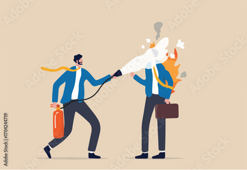 Mentorship or support to help employee burnout, fatigue or overworked, people management or brain cool down to reduce anxiety concept, businessman put fire extinguisher on his burnout colleague.