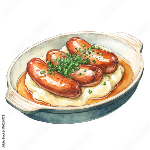 Bangers And Mash, watercolor vector, isolated on a white background.