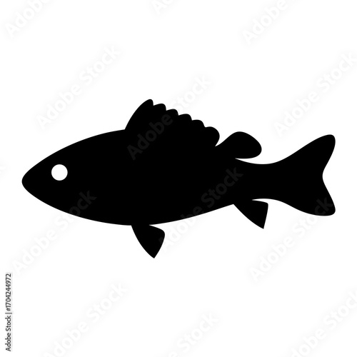 Monochrome illustration of a freshwater fish silhouette with distinct fins and body