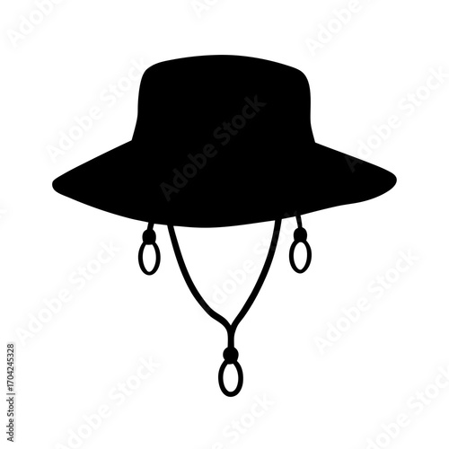 Silhouette of a wide brimmed safari hat with a chin strap detail