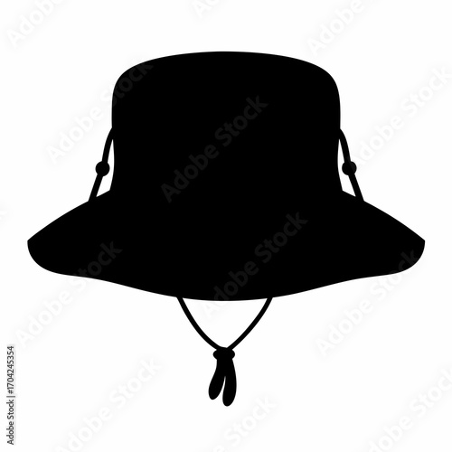 Stylized Black Silhouette of Bucket Hat with Chin Strap and Adjusters